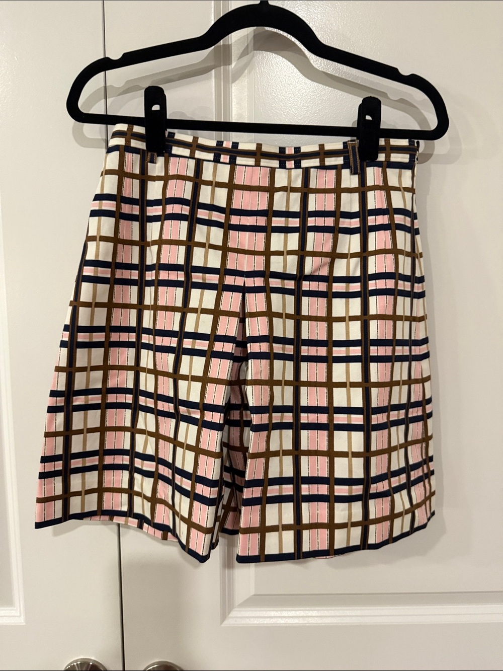 Tory Burch Pink, Navy & Brown Plaid Bermuda Shorts